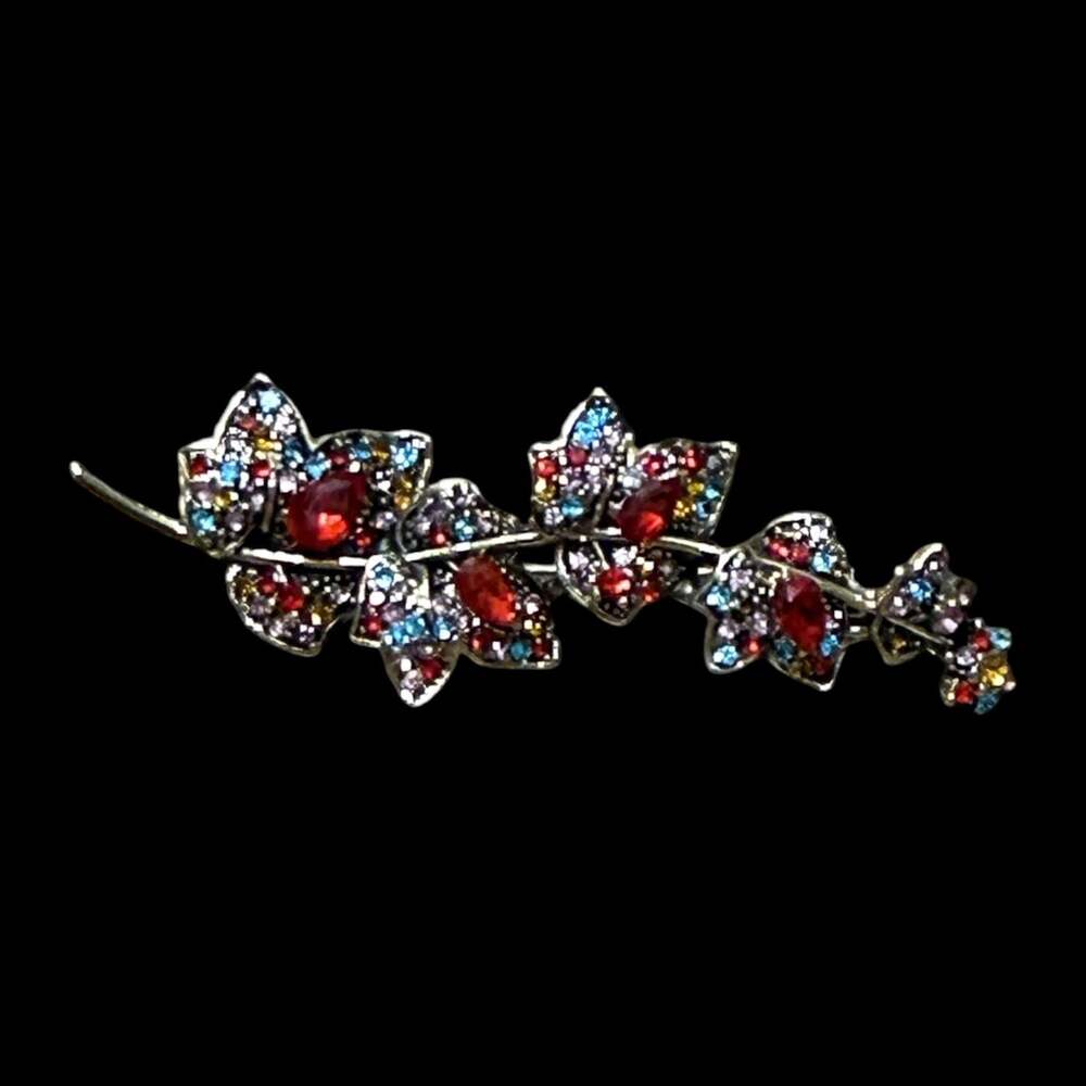 Leaf on Branch Multi-Colored Rhinestone Gold Tone Pendant Brooch - Picture 2 of 4
